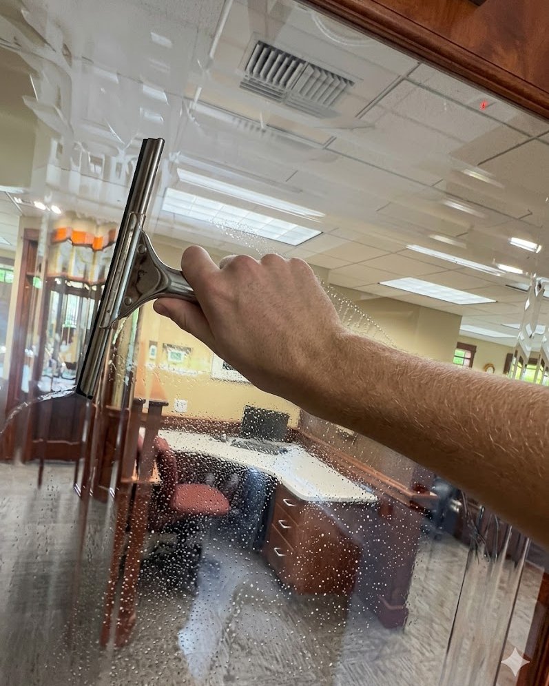 Kai squeegeeing an interior window